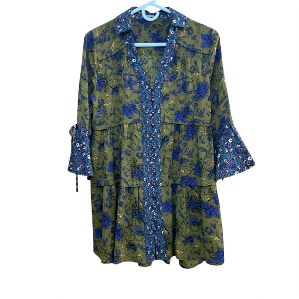 JODIFL Tiered Green and Purple Tunic Dress